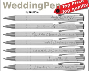 20 pieces - 200 pieces wedding guest gift. Pen + engraving and case optionally with individual guest name engraving. Free delivery.