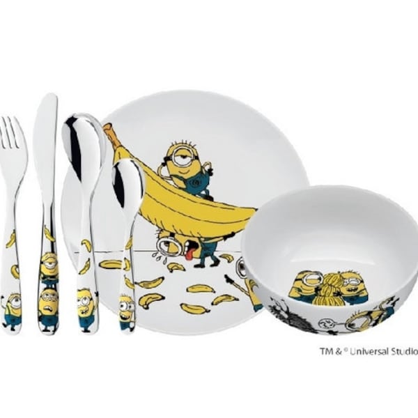 Children cutlery set MINIONS 6-pcs personalised. Free engraving!