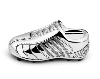 Tirelire en métal plaqué argent - chaussure de football. Gravure inclus dans le prix!