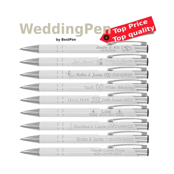 20 pièces - 200 pièces cadeau d'invité de mariage. Stylo + gravure et étui en option avec gravure individuelle du nom de l'invité.