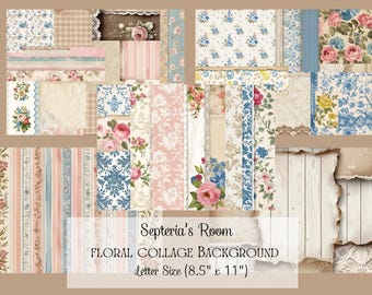Letter Size Floral Collage Background - 5 Pages - Shabby, Papercraft, Vintage, Ephemera, Floral, DIY, Collage, Junk Journal