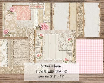 Letter Size Floral Whispers 001 - 5 Pages - Neutral, Shabby, Vintage, Ephemera, Floral, Digital Printable, DIY, Collage, Junk Journal
