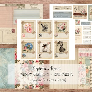 May include: A collection of vintage-style ephemera featuring floral illustrations, botanical prints, antique postcards, and script text. The set includes various paper sheets with roses, birds, and figures, labeled Septeria's Room MISTY GARDEN - EPHEMERA A4 Size 11.7 inches x 8.3 inches.