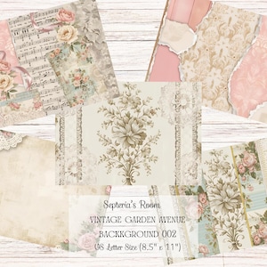 May include: A collection of vintage-style scrapbook papers with floral and musical note designs. The papers feature soft colors like pink, beige, and blue, with lace and ribbon accents. The text on the image reads "Septeria's Room VINTAGE GARDEN AVENUE BACKGROUND 002 US Letter Size (8.5" x 11")".