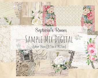 Letter US Size - Mix Sample Junk Journal Background 5 Pages - Shabby, Papercraft, Vintage, Ephemera, Floral, Collage, Digital Printable