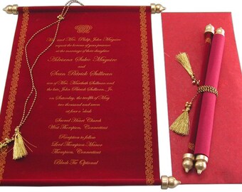 Scroll invitation,engagement invitations,party invitations,bridal shower invitations,red velvet cloth wedding program