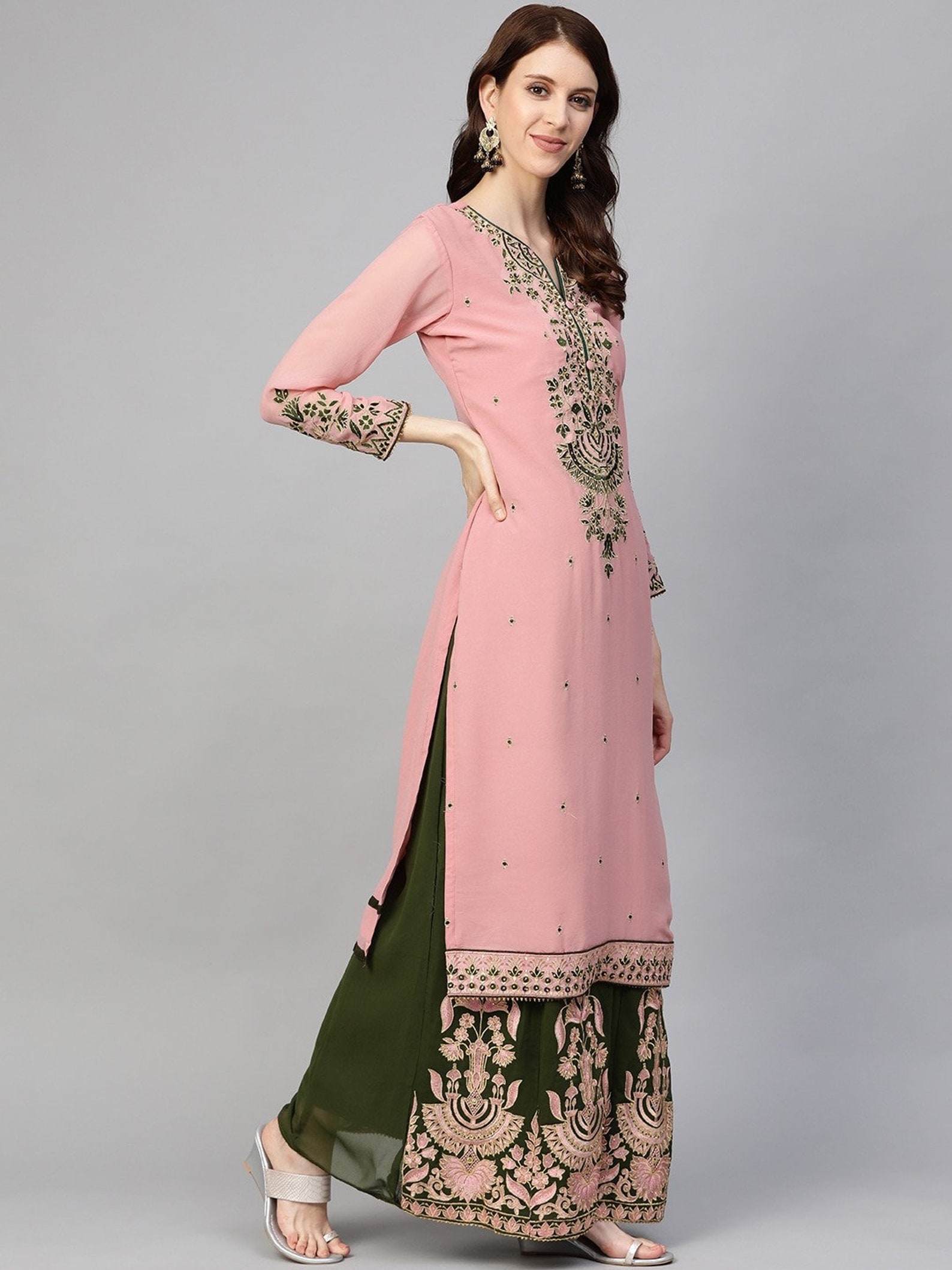 Pink & Olive Green Embroidered Semistitched Dress Material Etsy