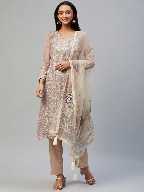 Beige dress material with embroidery 
