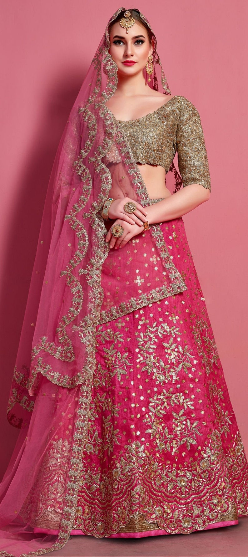 Art Silk Mehendi Sangeet Lehenga in Pink and Majenta with image 1