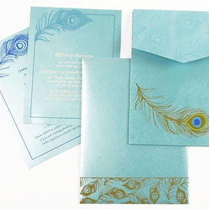 Inviti per matrimonio, inviti per festa di fidanzamento, biglietti d'invito per matrimonio, biglietti a tema pavone, inviti con piega tascabile