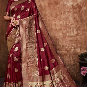 Banarasi Silk Traditional Saree in Red and Maroon With Weaving - Etsy