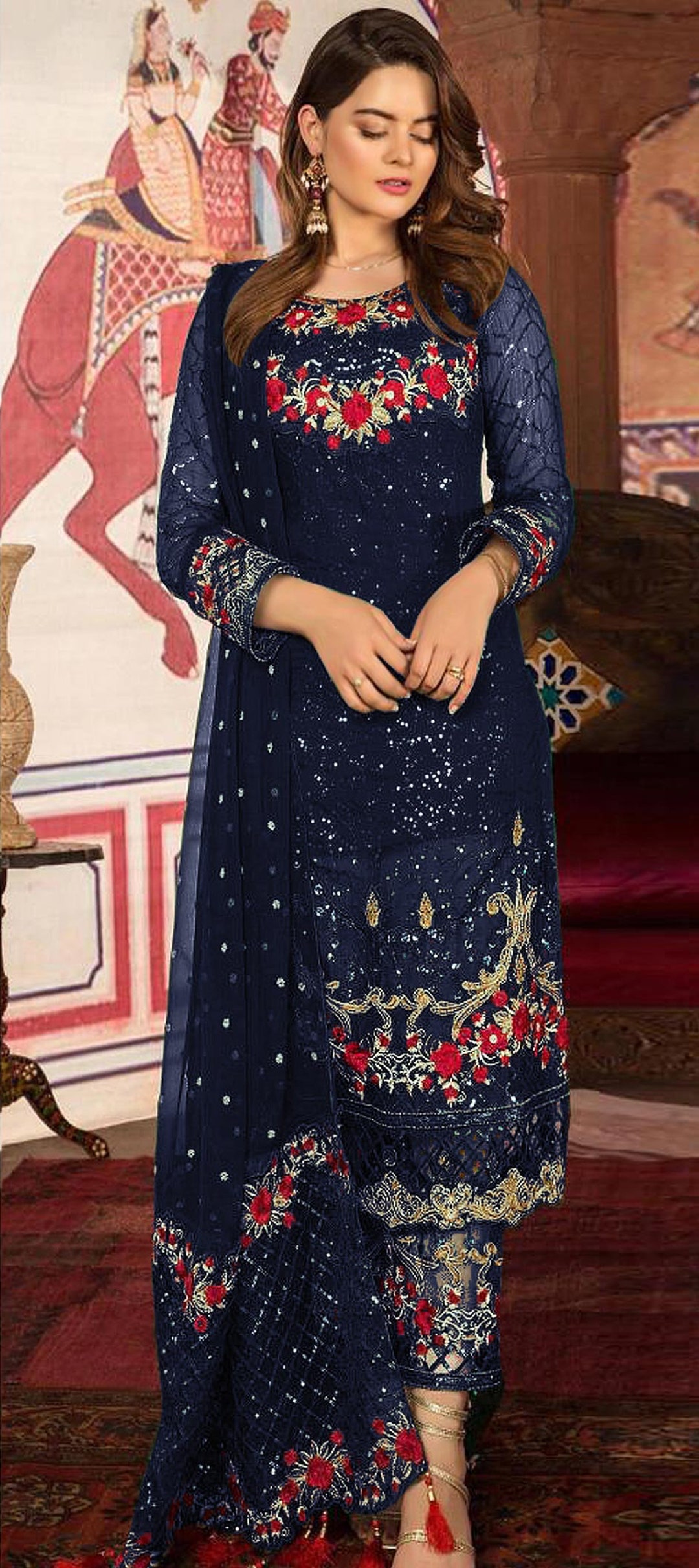 Georgette Festive Salwar Kameez in Blue With Embroidered Work 1662499 ...