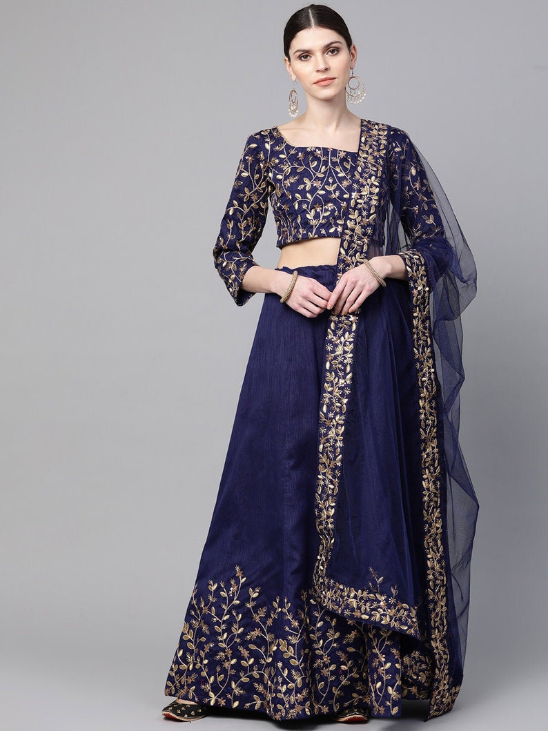 Sangeet Party wear Mehndi wedding lehenga in Navy and Golden Semi-Stitched Lehenga /& Unstitched Blouse with Dupatta 11430334