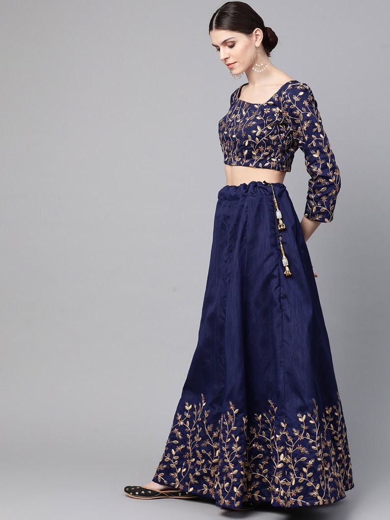 Sangeet Party wear Mehndi wedding lehenga in Navy and Golden Semi-Stitched Lehenga /& Unstitched Blouse with Dupatta 11430334