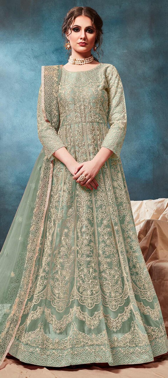Net Party Wear Salwar Kameez in Green With Embroidered Work 1606905 Etsy UK