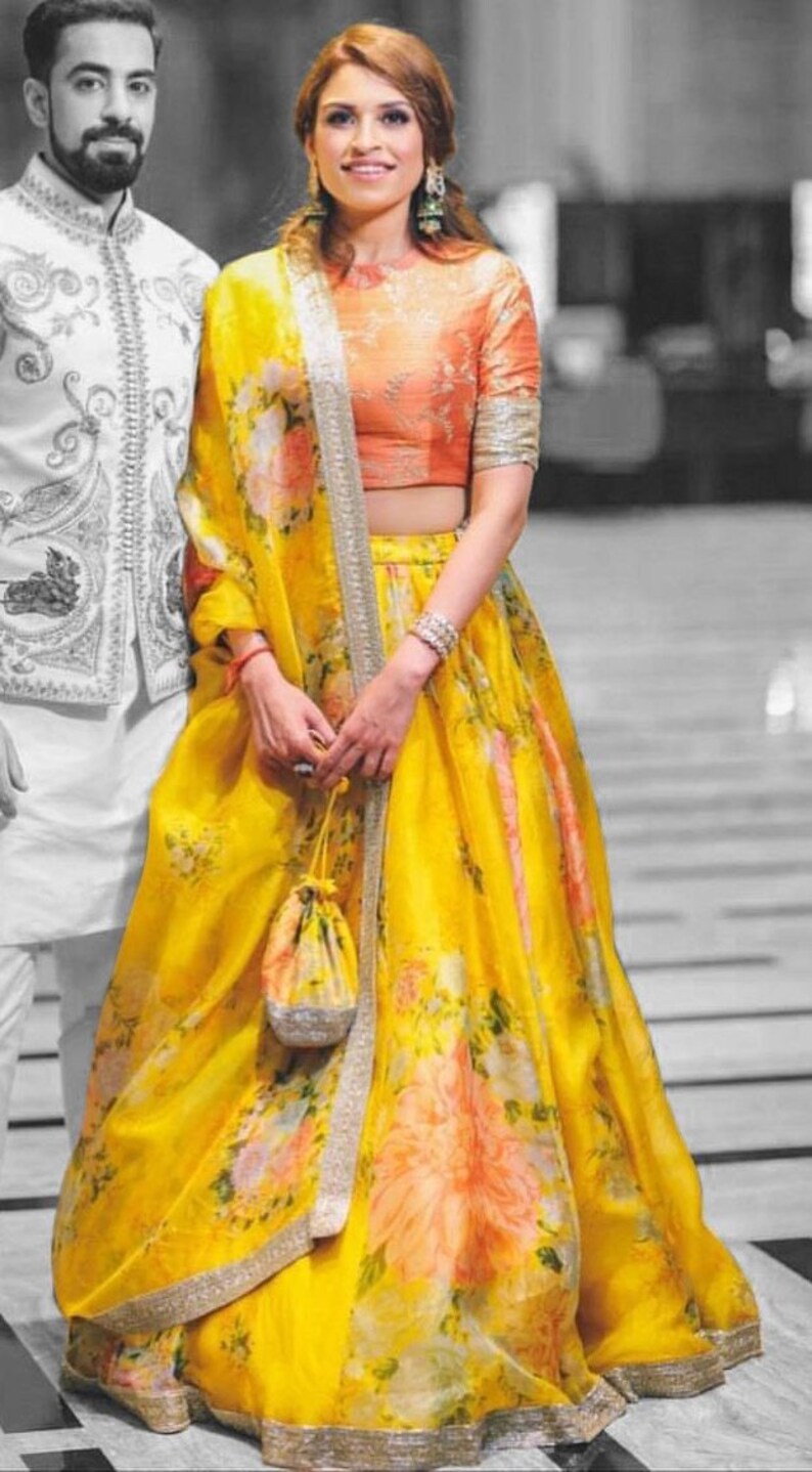 Bridal Indian wedding Mehendi Sangeet Organza Silk Lehenga in Yellow with Digital Print work 1532229