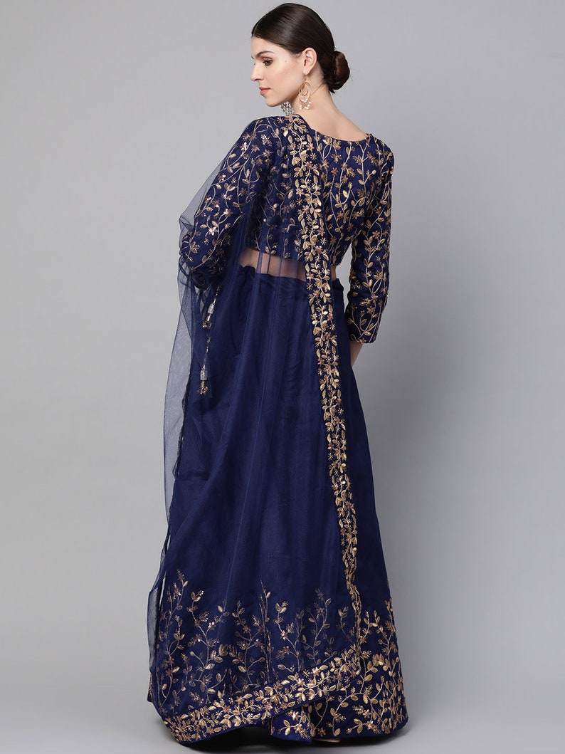 Sangeet Party wear Mehndi wedding lehenga in Navy and Golden Semi-Stitched Lehenga /& Unstitched Blouse with Dupatta 11430334