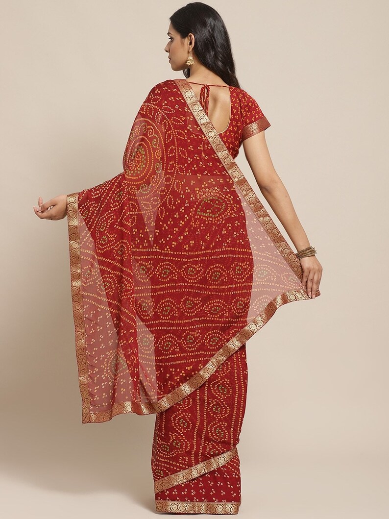 Maroon /& Mustard Yellow Bandhani Printed Saree