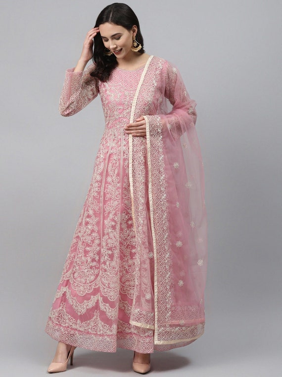 Pink & Beige Net Embroidered Semi-stitched Dress Material -  Canada