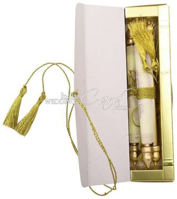 Scroll Invitations for Wedding in Golden Satin - Jimit Card