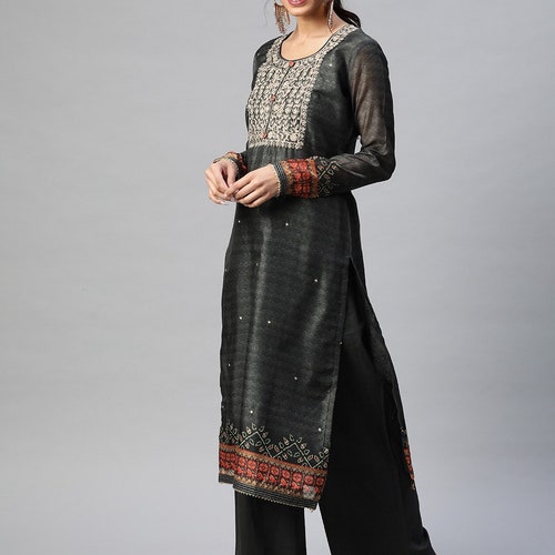 Black & Orange hotsell Embroidered Unstitched Dress Material With Potli