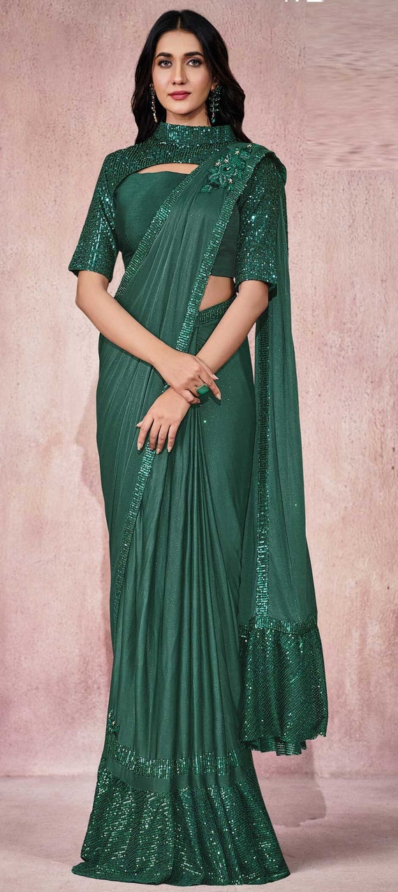 Lycra Party Wear Readymade Saree in Green With Sequence Work