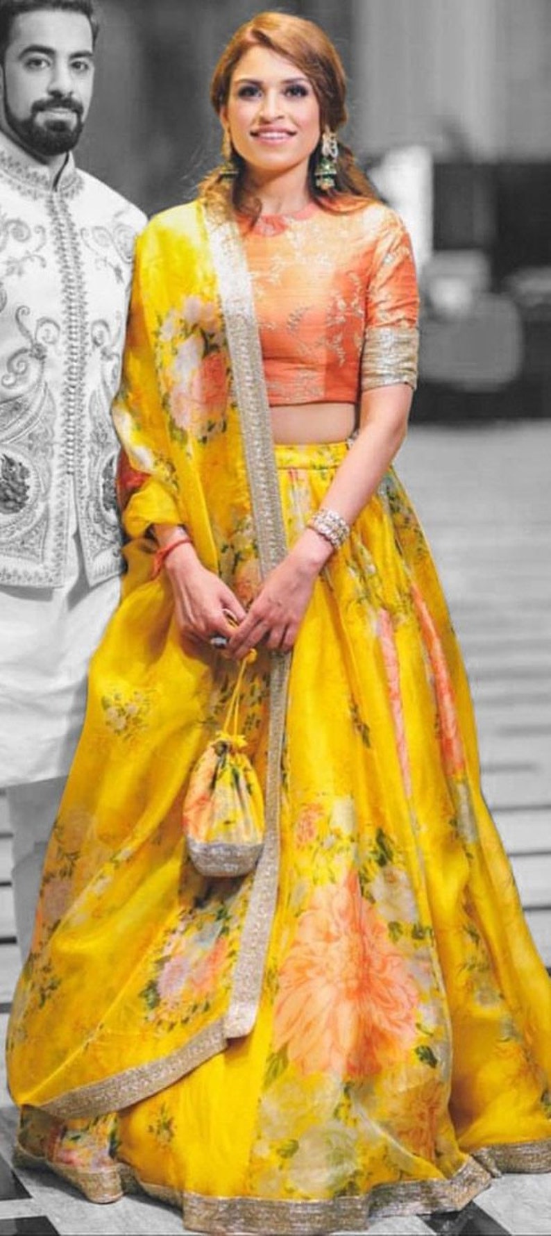 Bridal Indian wedding Mehendi Sangeet Organza Silk Lehenga in Yellow with Digital Print work 1532229