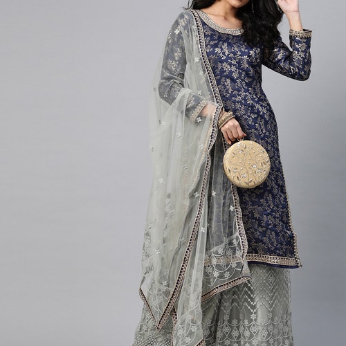Shops Navy Blue & Grey Woven Design Unstitched Dress Material
