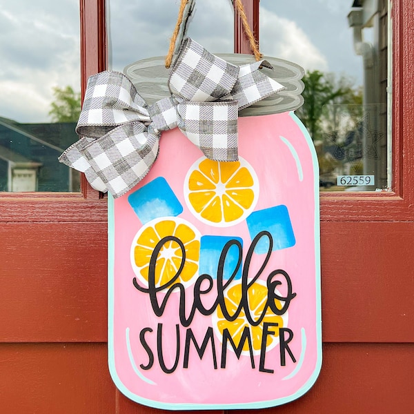 Hello Summer Door Hanger, Pink Lemonade door, Summer door hanger, Welcome Sign, Lemonade Door Sign, Summer Wreath, Mason Jar door decor