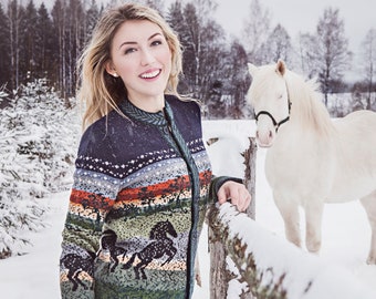Womens Sweater With Horses/ Warm Handmade Cardigans/ 100% Natural Sheep Wool Winter Jackets/ Quality Knitwear/ Green Yarn/ Christmas Gift/