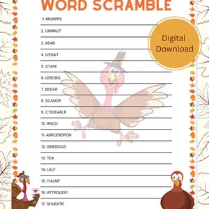Thanksgiving Word Scramble Game, Holiday Word Scramble, Printable Word Scramble, Fun Thanksgiving Game, Thanksgiving Classroom Activity
