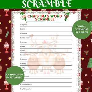 May include: A printable Christmas word scramble game featuring a group of three reindeer with a green, red, and white border. The game includes 17 words to unscramble. The text on the page reads "Christmas Word Scramble" and "30+ Words to Unscramble".
