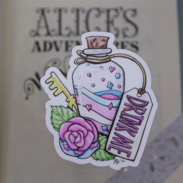 Wonderland Potion - Die Cut Weatherproof Permanent Vinyl Sticker - LGBTQ+ Pride Trans Drink Me Potion Key and Rose and Transgender Colors