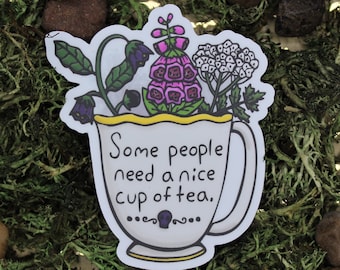 A Nice Cup of Tea - Die Cut Weatherproof Permanent Vinyl Sticker Magnet Pin - Hand Drawn Teacup with Hemlock, Foxglove and Nightshade poison