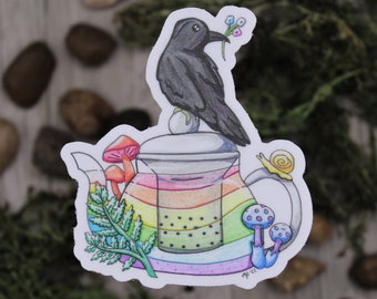 Rainbow Teapot - Die Cut Weatherproof Permanent Vinyl Sticker - LGBTQ+ Pride Cottagecore Woodland Teapot with Crow and Mushrooms