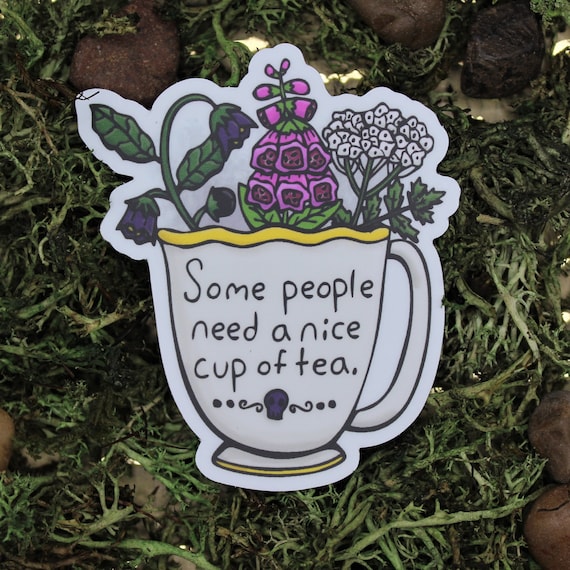 A Nice Cup of Tea - Die Cut Weatherproof Permanent Vinyl Sticker Magnet Pin - Hand Drawn Teacup with Hemlock, Foxglove and Nightshade poison