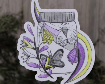 Moth Jar - Die Cut Weatherproof Permanent Vinyl Sticker - LGBTQ+ Pride Enby Moths in Mason Jar with Honeysuckle Flowers and Nonbinary Colors