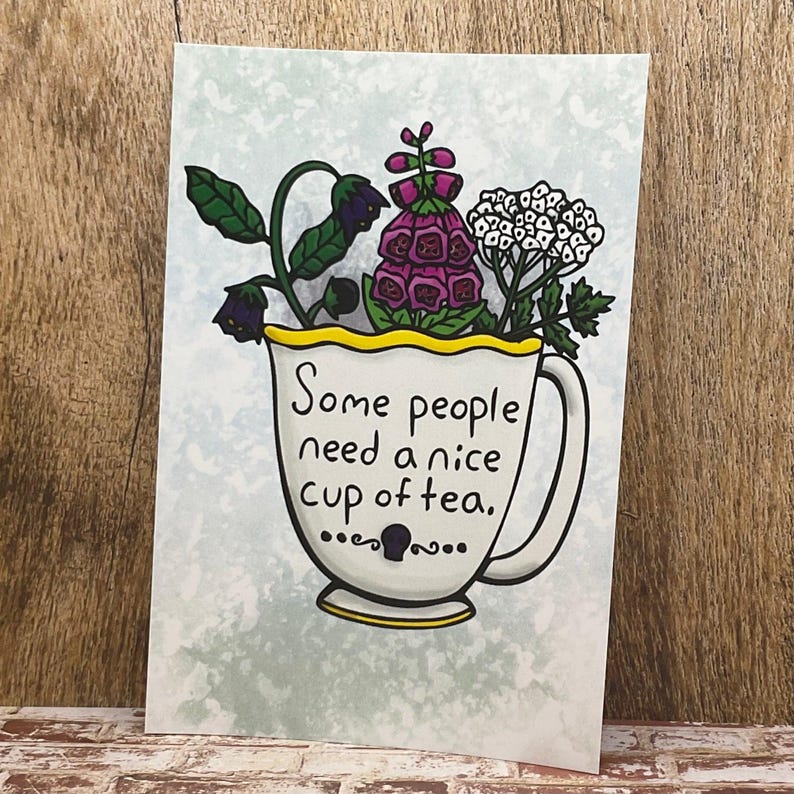 A Nice Cup of Tea - Die Cut Weatherproof Permanent Vinyl Sticker Magnet Pin - Hand Drawn Teacup with Hemlock, Foxglove and Nightshade poison 4x6 Print