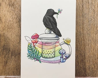 Rainbow Teapot - 4X6 Art Print of Hand Drawn Design - LGBTQ+ Pride Cottagecore Woodland Teapot with Crow and Mushrooms