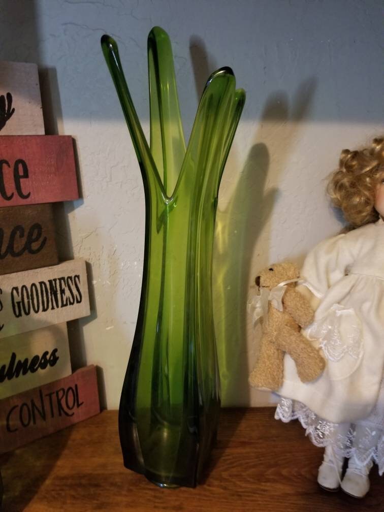 Vintage 70s blown glass green vase Etsy