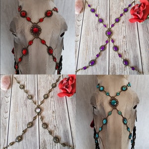 Könnte beinhalten: Vier verschiedene Pferde-Stirnbänder mit Juwelenbesatz. Die Stirnbänder sind aus Metall und haben verschiedene farbige Strasssteine. Die Stirnbänder sind auf einem Holzgrund gezeigt.