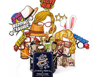 Wedding Photo Booth Props Kit: 36 Masks, Sign & Stand