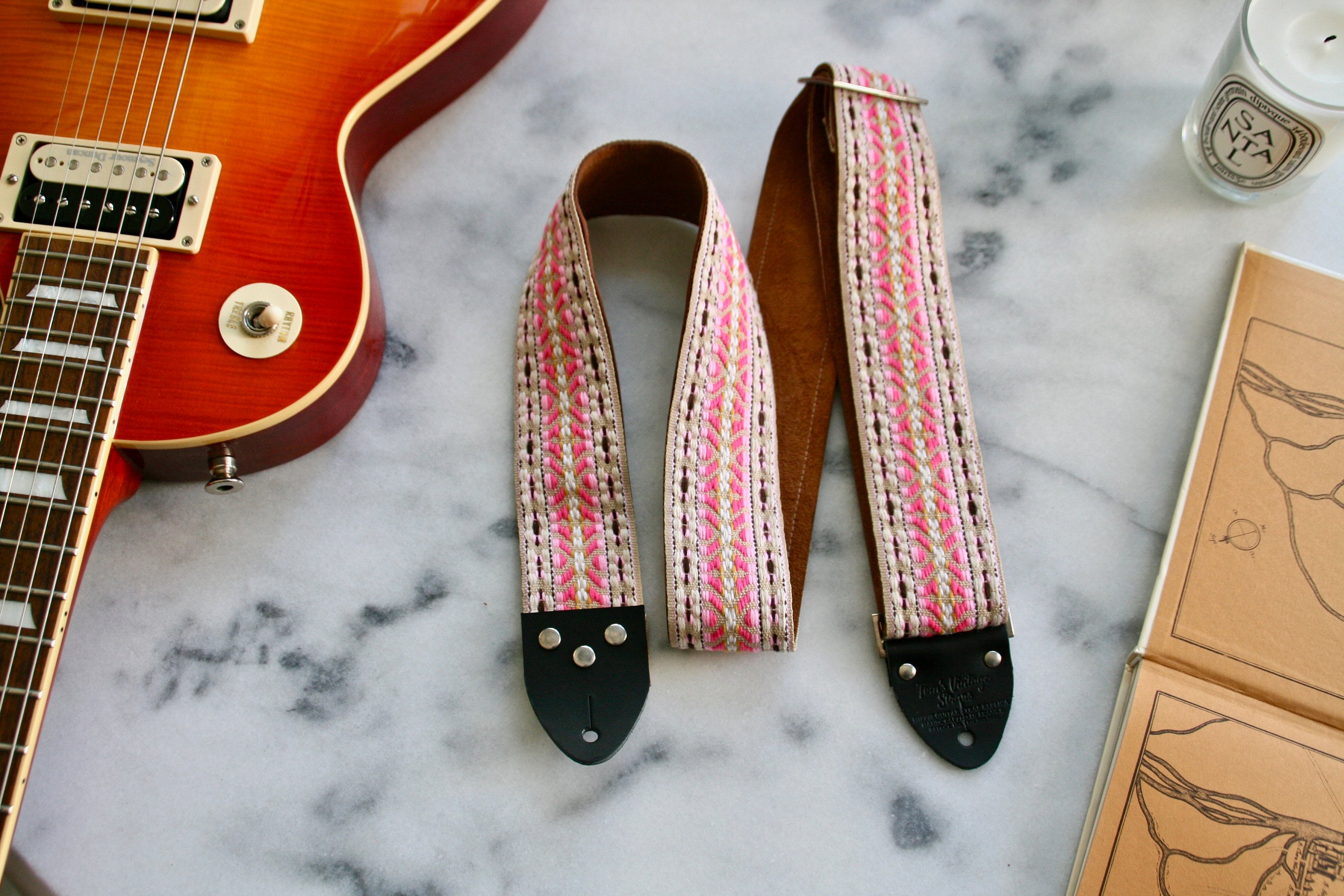 Couch Guitar Strap Imagining Sun Pink and Sky Vintage Hippie Weave Boho