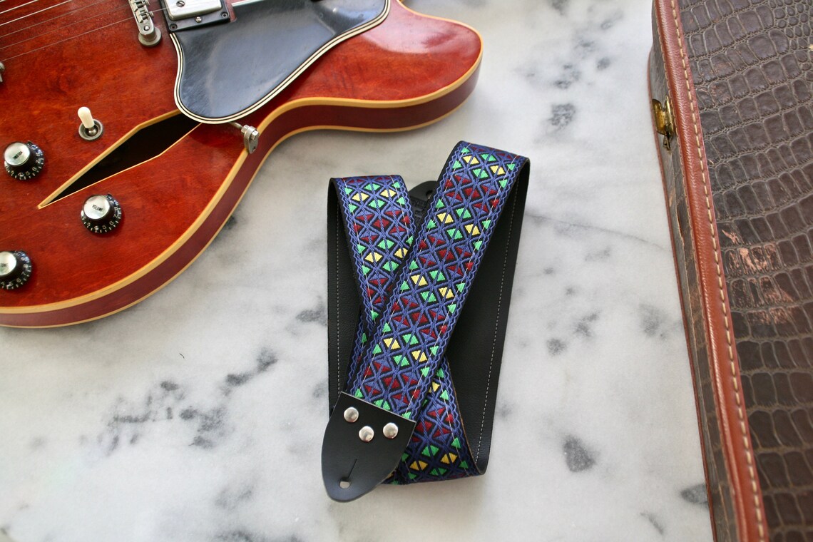 Vintage 60s Blue 'Monterey' Hippie Guitar - Camera - Bag Strap, foto 1 di 5
