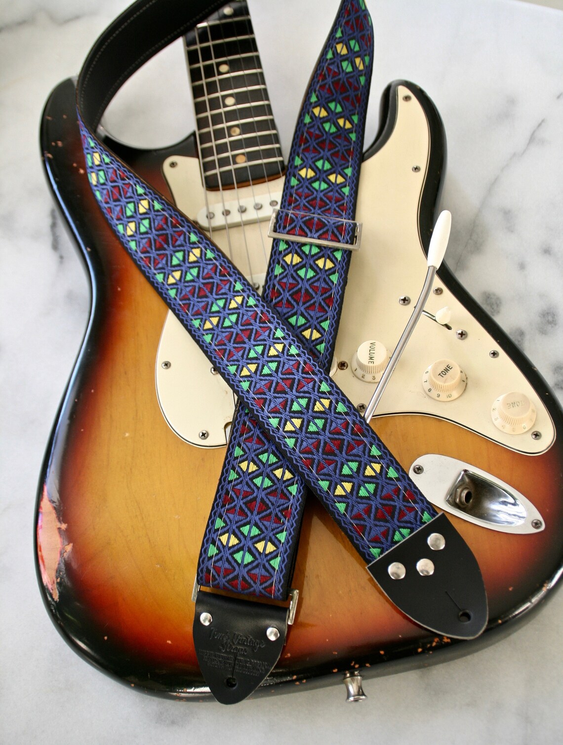 Vintage 60s Blue 'Monterey' Hippie Guitar - Camera - Bag Strap, foto 4 di 5