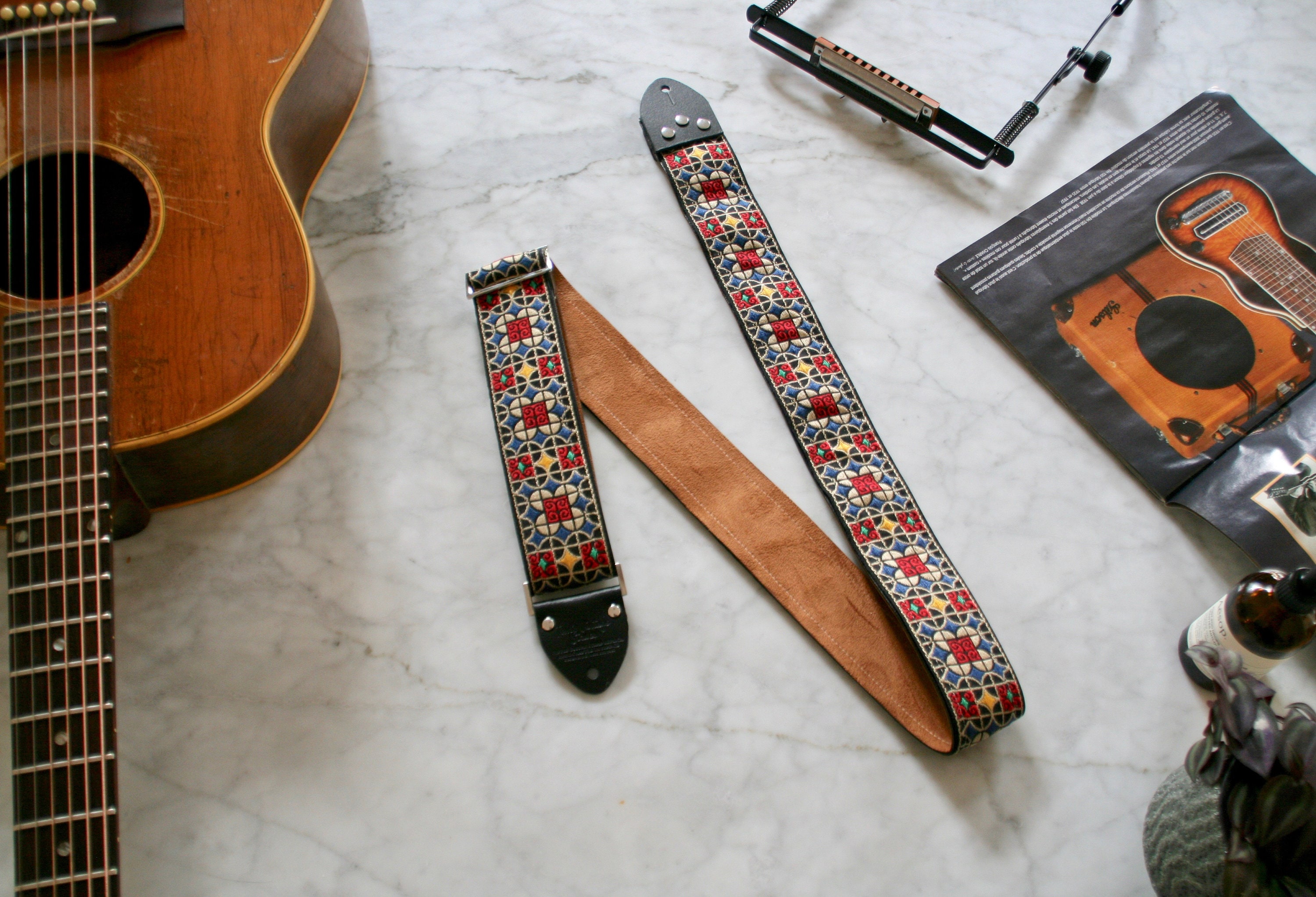 The Olivia Guitar Strap on hemp or Nylon Fuchsia and Pink rose floral with olive green and white foliage on a brown background leather 
