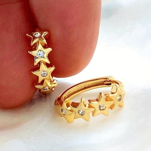 Mini Creole, Stern, Helix, Tragus, Piercing, Gold, Conch, 13mm, Hoop, CZ, Cartilage, Edelstahl, Sterne, 1 Stück, 1 Paar