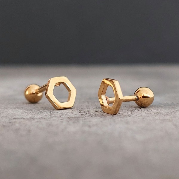 Hexagon, Piercing, Gold, Kugelverschluss, Sechseck, Helix, Tragus, Ohrstecker, Hypoallergen, 1 Stück