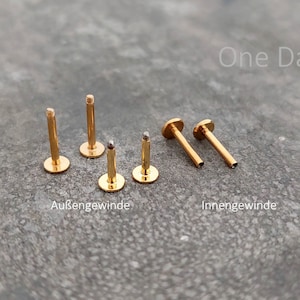 Könnte beinhalten: Ein Set aus sechs goldfarbenen Körperschmuckstücken, darunter drei mit flachem Oberteil und drei mit abgerundetem Oberteil. Die Schmuckstücke sind in zwei Reihen angeordnet, mit dem Text "Außengewinde" und "Innengewinde" unter den Reihen. Der Text "One Day..." ist in der oberen rechten Ecke des Bildes sichtbar.