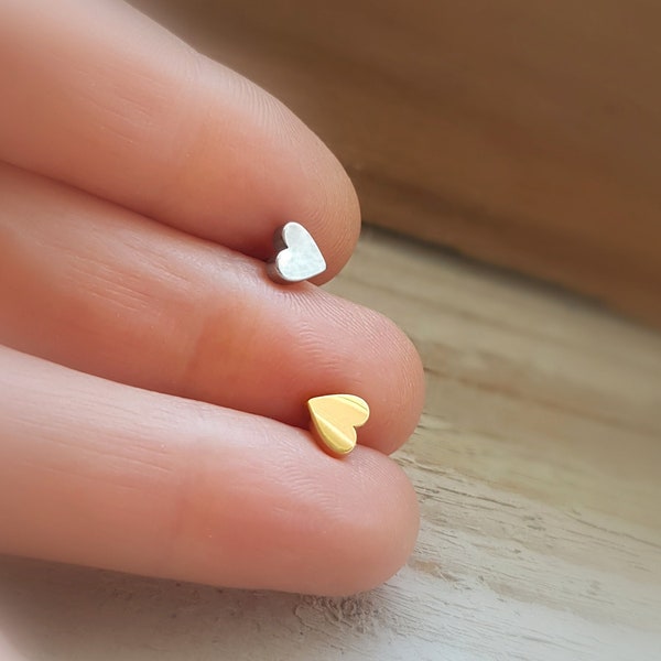 Mini Heart, Gold, Mini Stud Earrings, 4mm, 6mm, Piercing, Tragus, Helix, Hypoallergenic, Cartilage, Earrings, Piercing, Conch, Cartilage, 1 piece